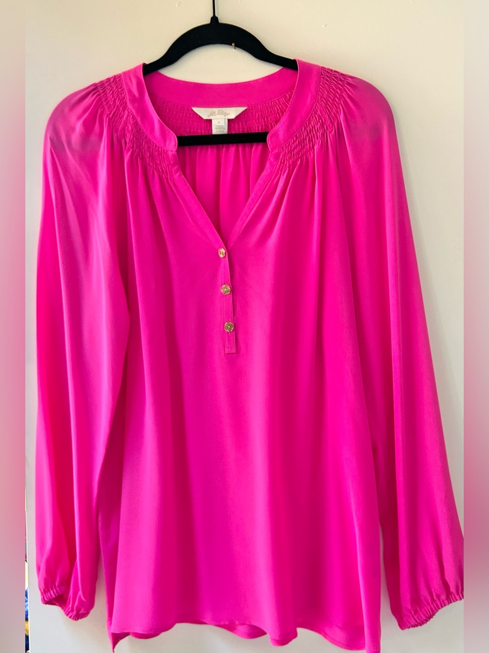 Lilly Pulitzer Parigi Pink Silk  Elsa Blouse  Size Large
